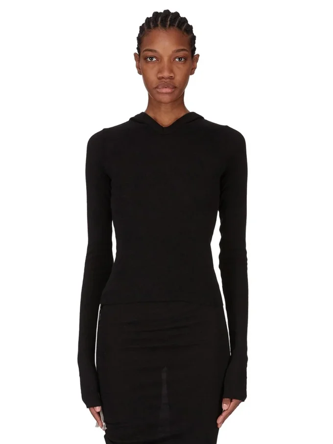 RICK OWENS FW25 CONCORDIANS KRÓTKA BLUZA Z KAPTUREM I ŚCIĄGACZEM W CZARNYM KOSZULCE RAININO RIB. RP02E4210RJR-09