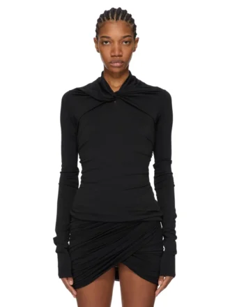 RICK OWENS JESIEŃ 2025 CONCORDIANS KAIRO TOP Z DŁUGIM RĘKAWEM Z CZARNEJ WISKOZY I KREPY LI02E3212CVI-09