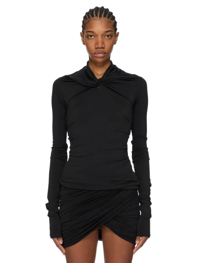 RICK OWENS JESIEŃ 2025 CONCORDIANS KAIRO TOP Z DŁUGIM RĘKAWEM Z CZARNEJ WISKOZY I KREPY LI02E3212CVI-09