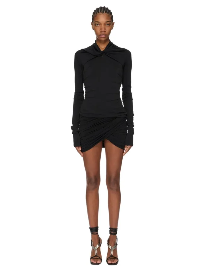 RICK OWENS JESIEŃ 2025 CONCORDIANS KAIRO TOP Z DŁUGIM RĘKAWEM Z CZARNEJ WISKOZY I KREPY LI02E3212CVI-09