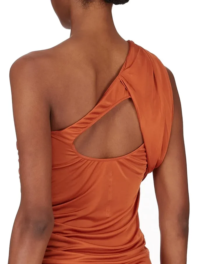 SUKIENKA RICK OWENS CONCORDIANS AMIRA FW25 Z POMARAŃCZOWEJ SATYNOWO-WISKOWEJ DŻERSEJU. LI02E3526JVS-153
