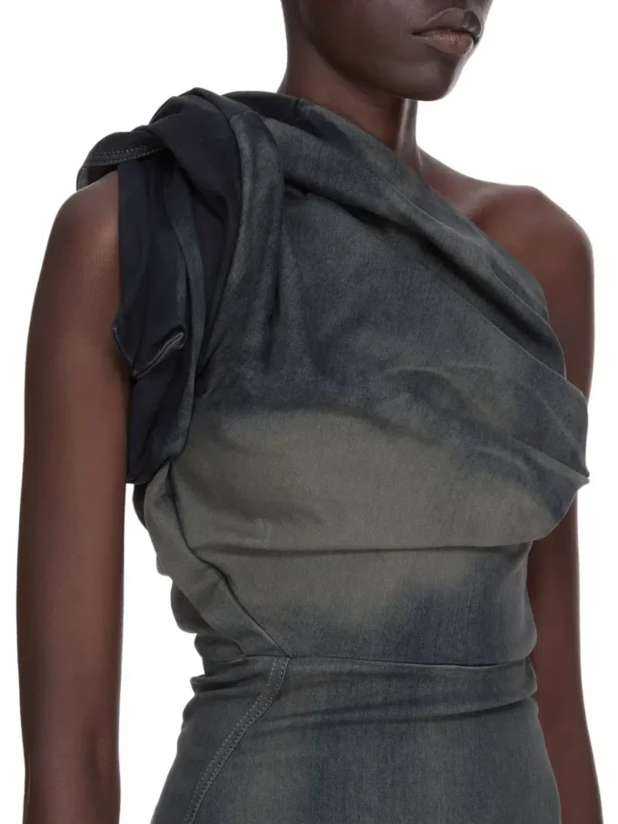SUKIENKA RICK OWENS CONCORDIANS TWIST FW25 Z DENIMU ZE STRETCHU DRKDUST DEGRADE SLUB. RP02E4521SDKDEG-78D