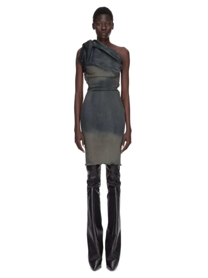 SUKIENKA RICK OWENS CONCORDIANS TWIST FW25 Z DENIMU ZE STRETCHU DRKDUST DEGRADE SLUB. RP02E4521SDKDEG-78D