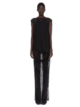Suknia RICK OWENS CONCORDIANS NOUVEAU FW25 z czarnego, prześwitującego wełnianego dżerseju. RP02E4574JWR-09
