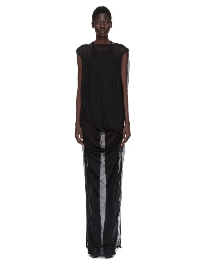 Suknia RICK OWENS CONCORDIANS NOUVEAU FW25 z czarnego, prześwitującego wełnianego dżerseju. RP02E4574JWR-09