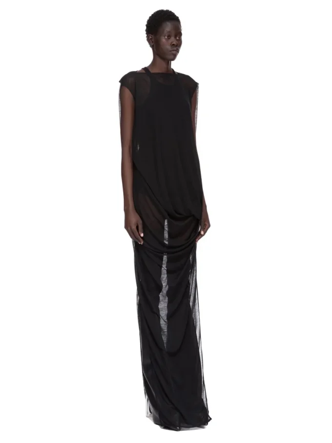 Suknia RICK OWENS CONCORDIANS NOUVEAU FW25 z czarnego, prześwitującego wełnianego dżerseju. RP02E4574JWR-09