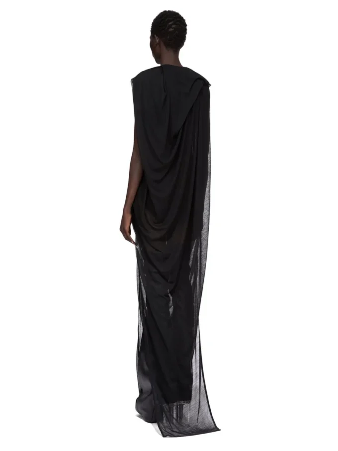 Suknia RICK OWENS CONCORDIANS NOUVEAU FW25 z czarnego, prześwitującego wełnianego dżerseju. RP02E4574JWR-09