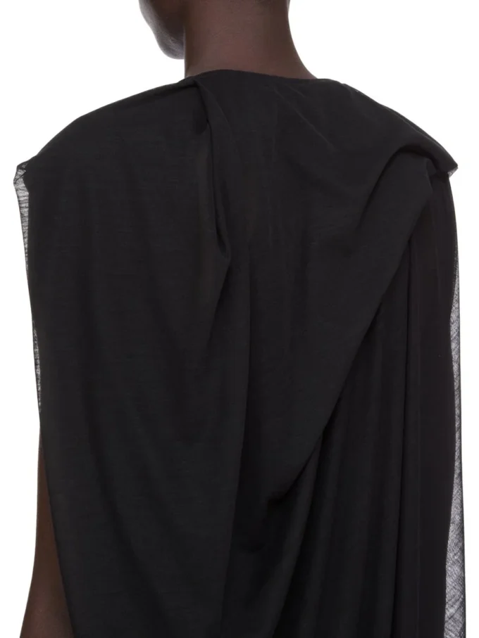 Suknia RICK OWENS CONCORDIANS NOUVEAU FW25 z czarnego, prześwitującego wełnianego dżerseju. RP02E4574JWR-09